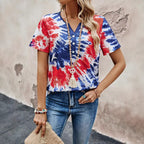 Women's Top V-neck Buttons Tie-dye Printing