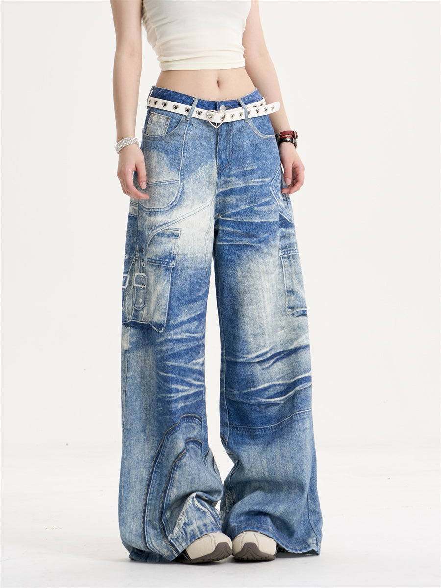 American Retro Sweet Cool Printed Wide-leg Jeans Women's Loose Slimming