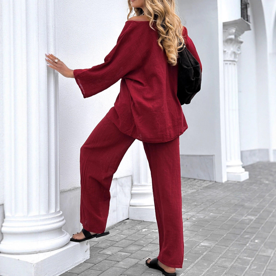 Round Neck Cotton And Linen Top Casual Lace Up Loose Pants Suit