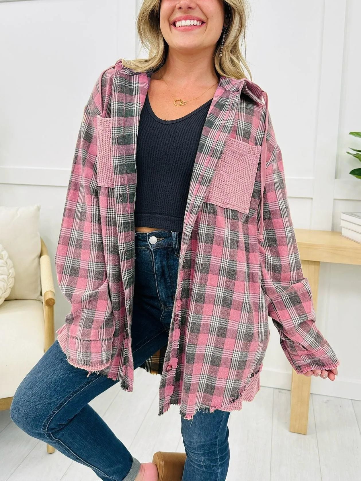 Casual Fashion Waffle Stitching Plaid Hooded Shirt