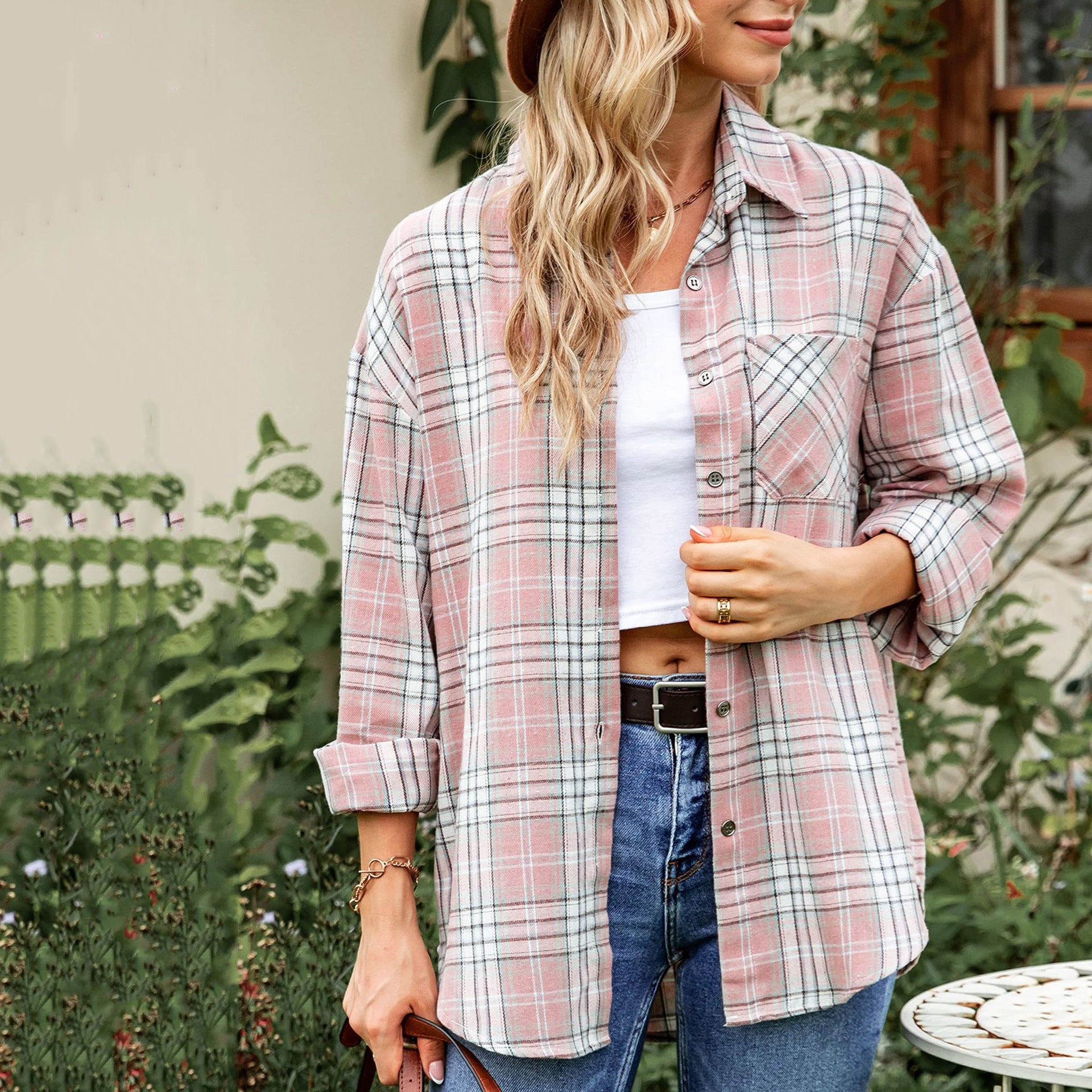 Plaid Long Sleeve Pocket Button Shirt Mid-length
